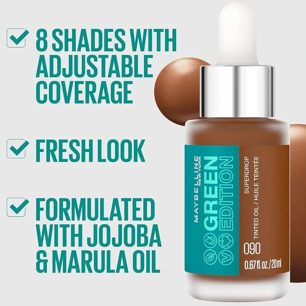 Maybelline‎ Green Edition Superdrop Tinted Oil, adjustable, natural coverage,